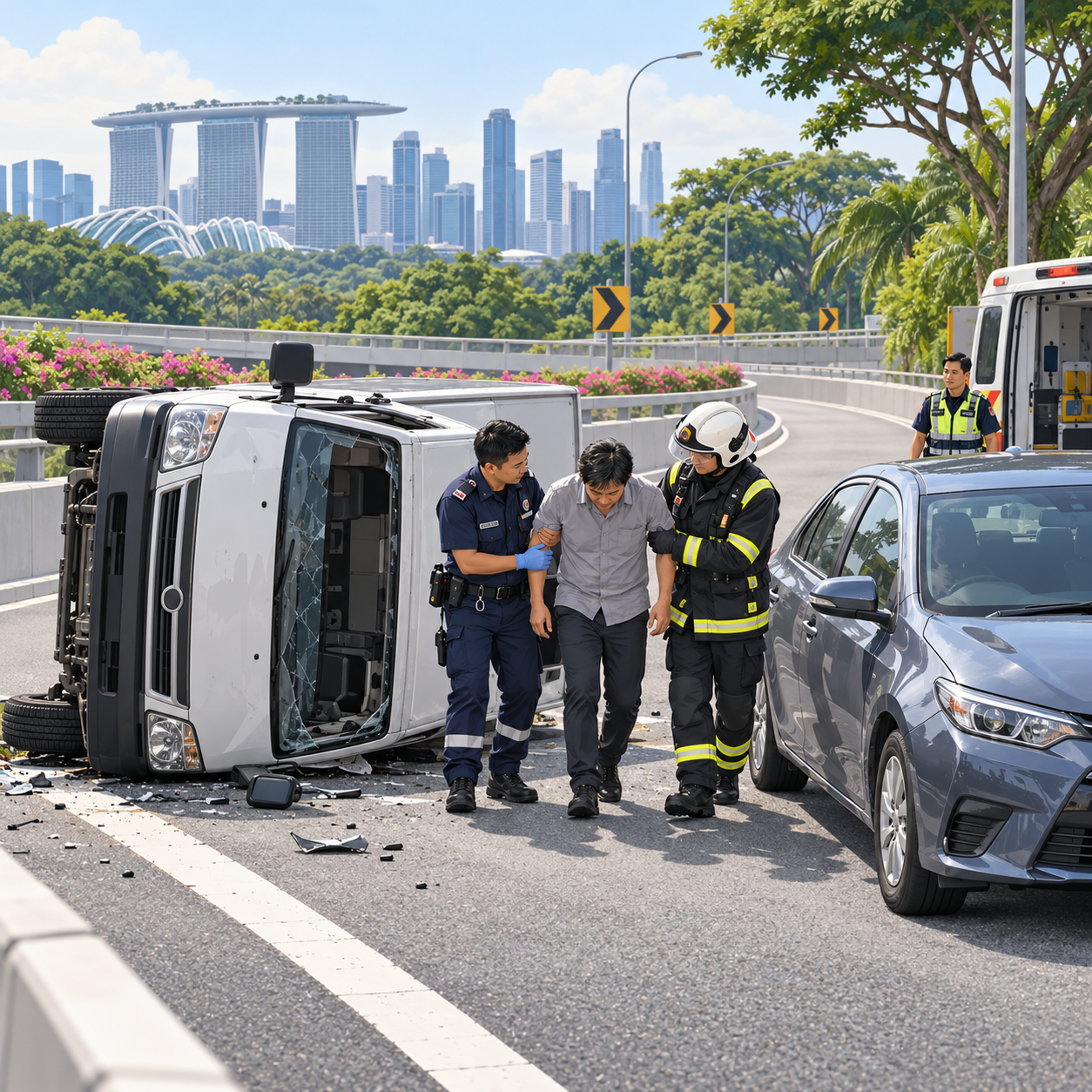 凯恩希尔环道车祸：两人送院，客货车侧翻