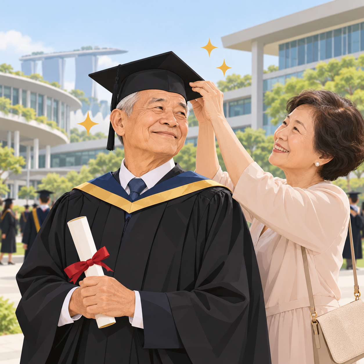 71岁祖父毕业于新加坡社科大学，获多项优异成绩