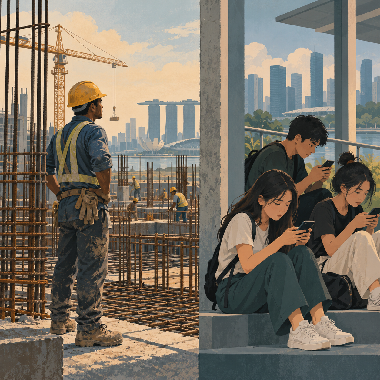 新加坡学生画作聚焦移工处境与手机疏离