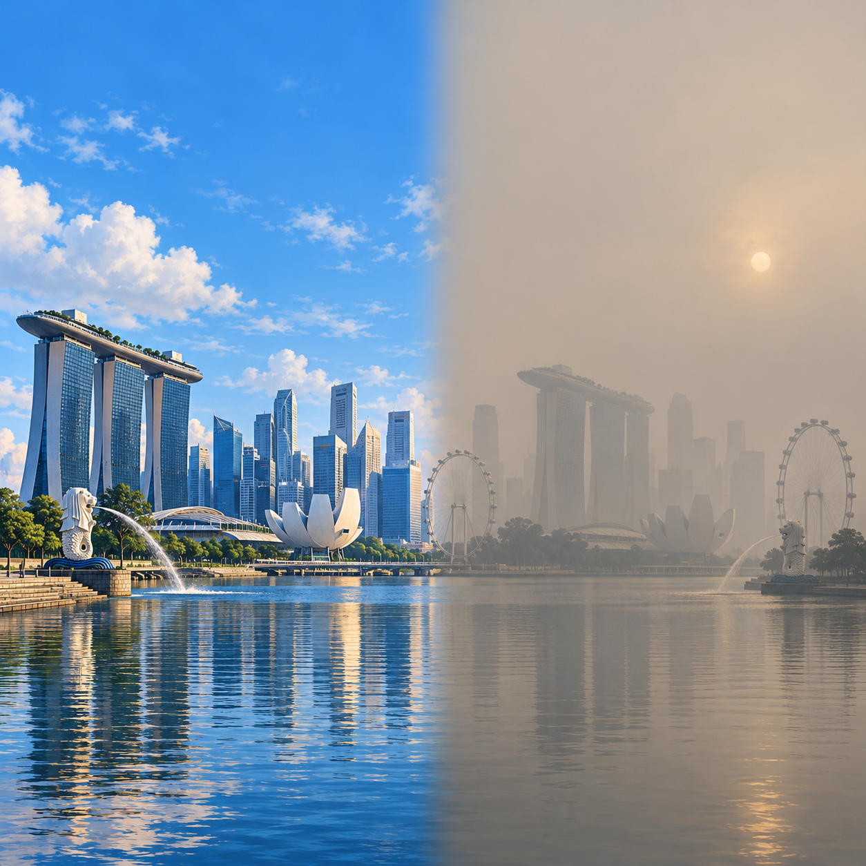 新加坡烟霾加剧：晴朗天空与浓雾景象对比