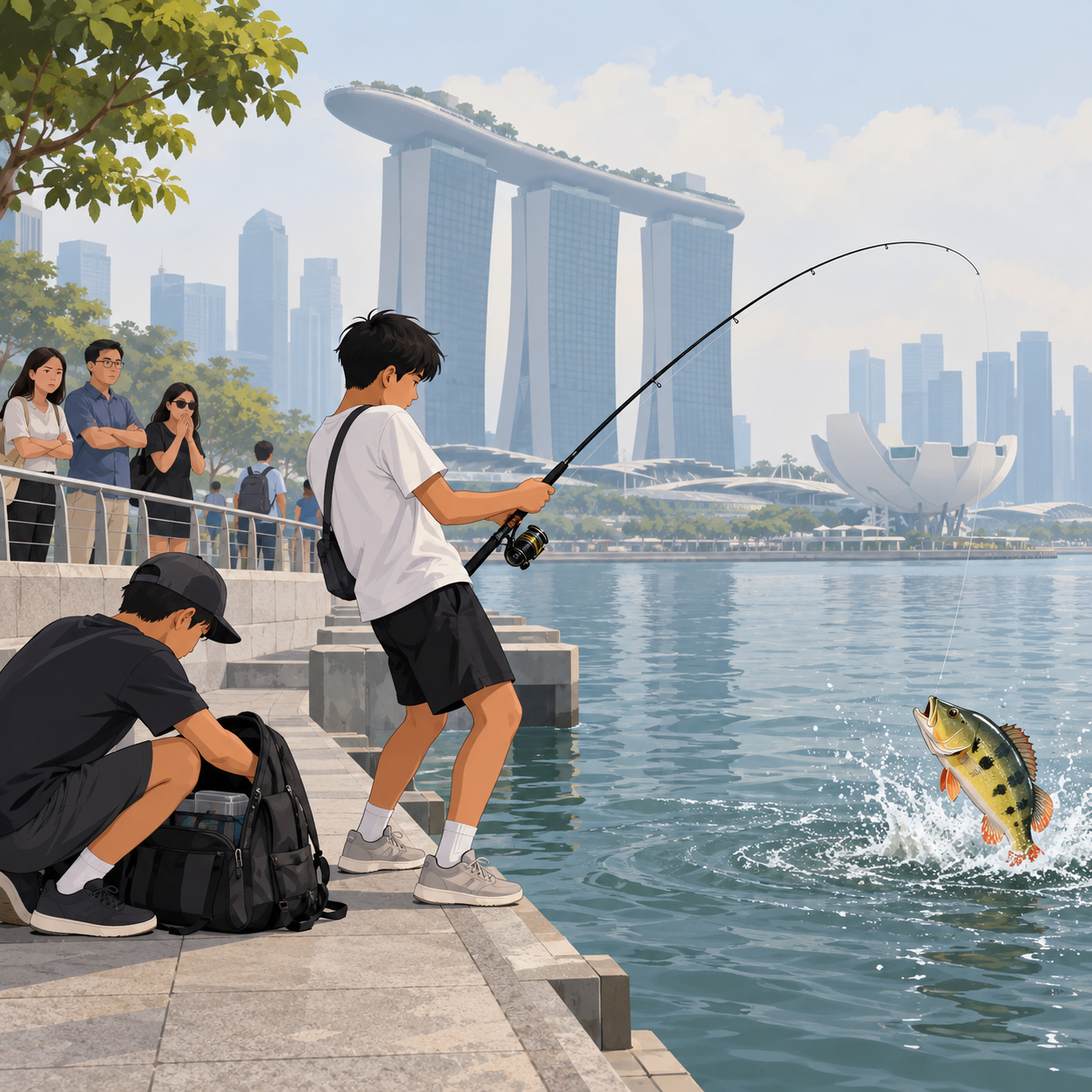 两名少年在滨海湾金沙钓鱼视频走红，引发网民批评