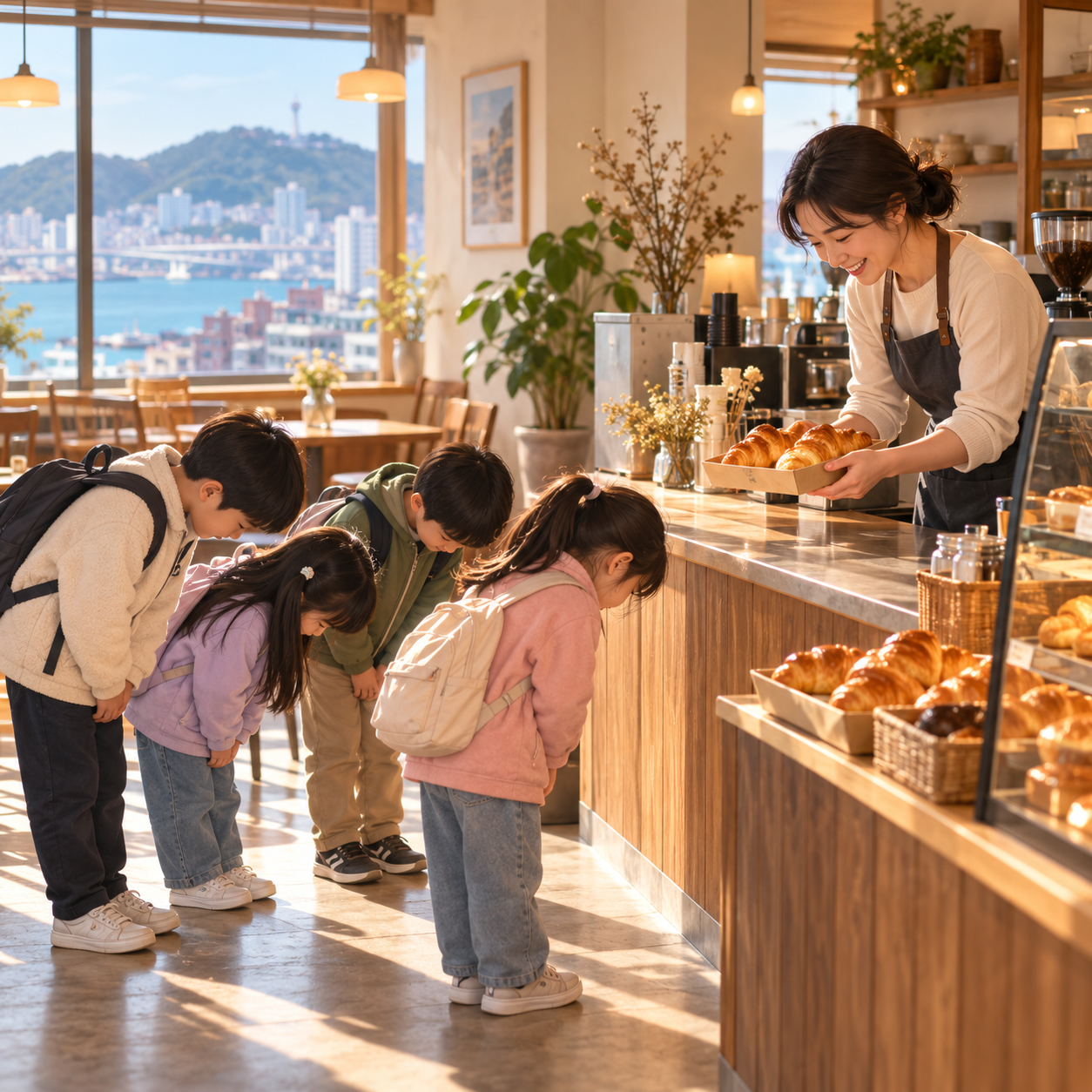 釜山四名小学生获赠可颂后深深鞠躬致谢，视频走红