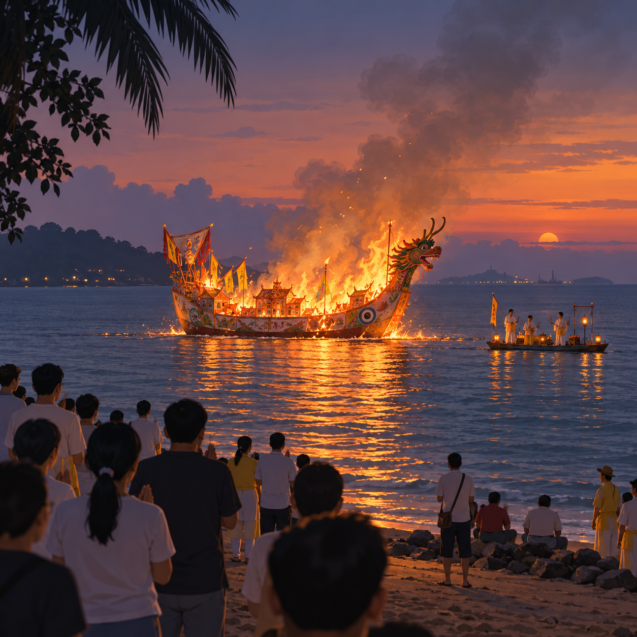 三巴旺海滩举行送驾仪式　大型龙船海上焚烧