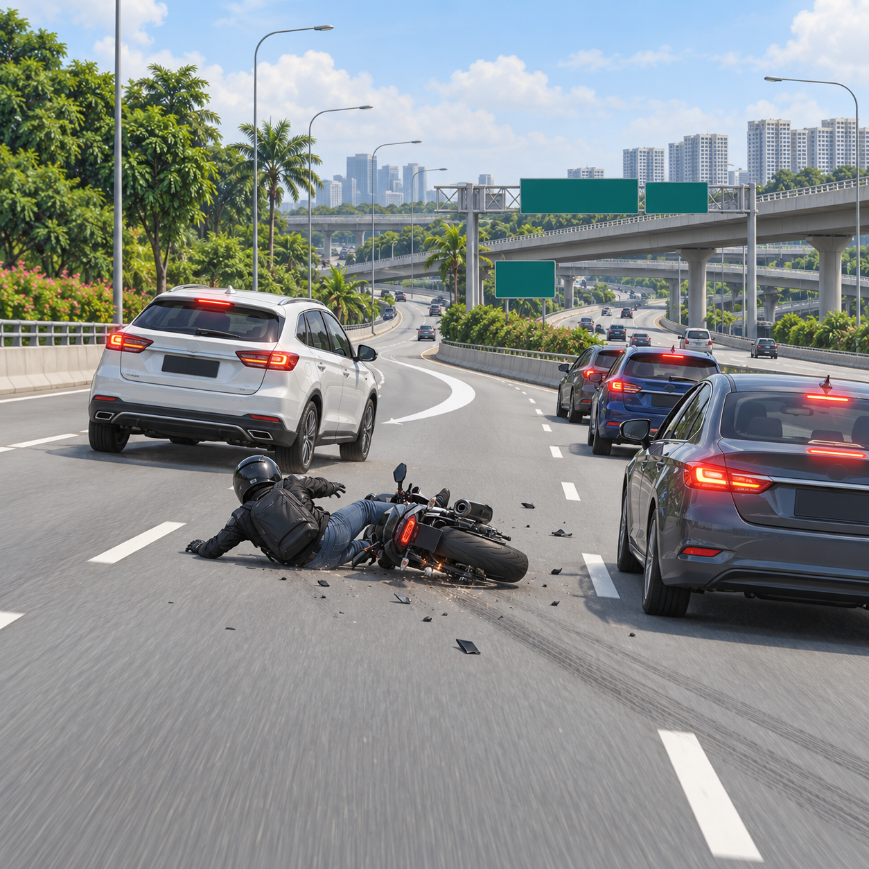 汽车变道撞翻摩托车引发连环车祸 两人送院