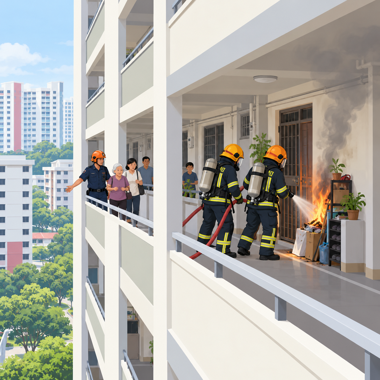 女皇镇组屋起火，两人吸入浓烟送院