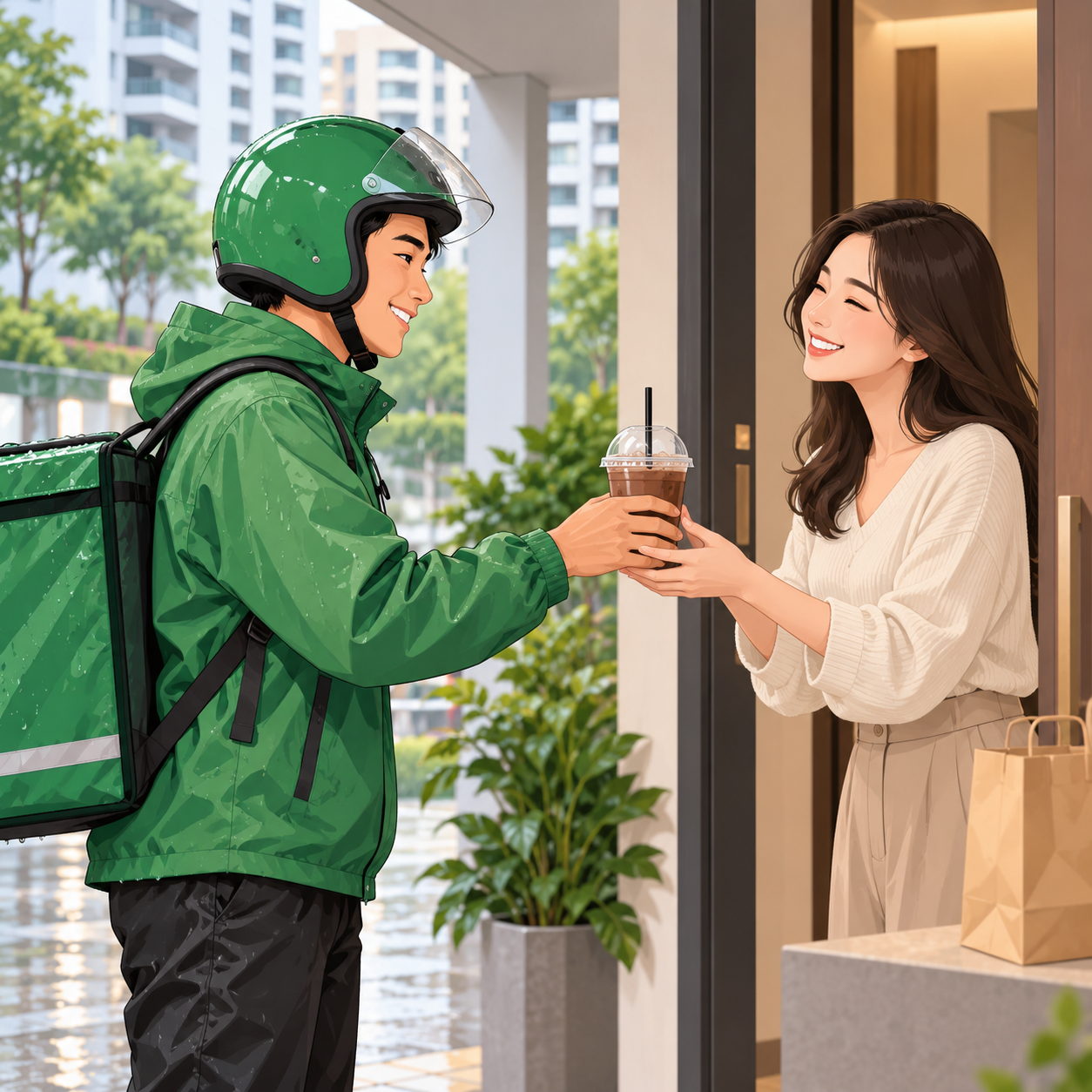 GrabFood送餐员收到顾客常年小费后送上巧克力饮料致谢