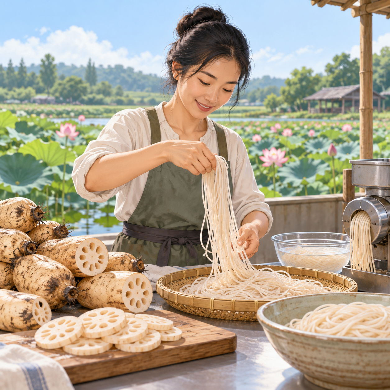 藕农将莲藕制成面条，延伸农产品价值