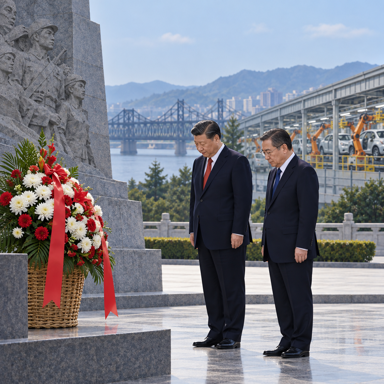 王沪宁陪同金正恩访问丹东 参观纪念馆和汽车工厂