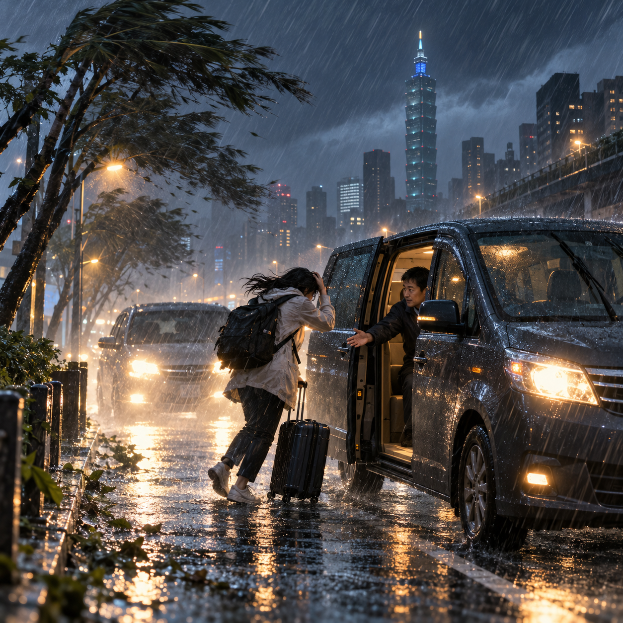 台风强风吹倒路人，司机停车挡风助避雨