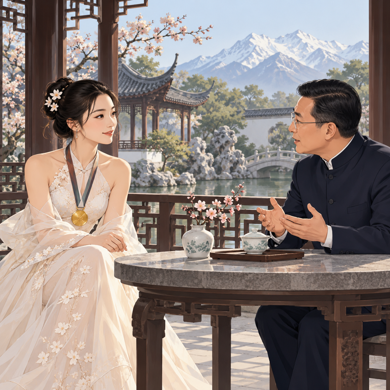 谷爱凌会见苏州书记时簪花穿礼服，引发网民讨论
