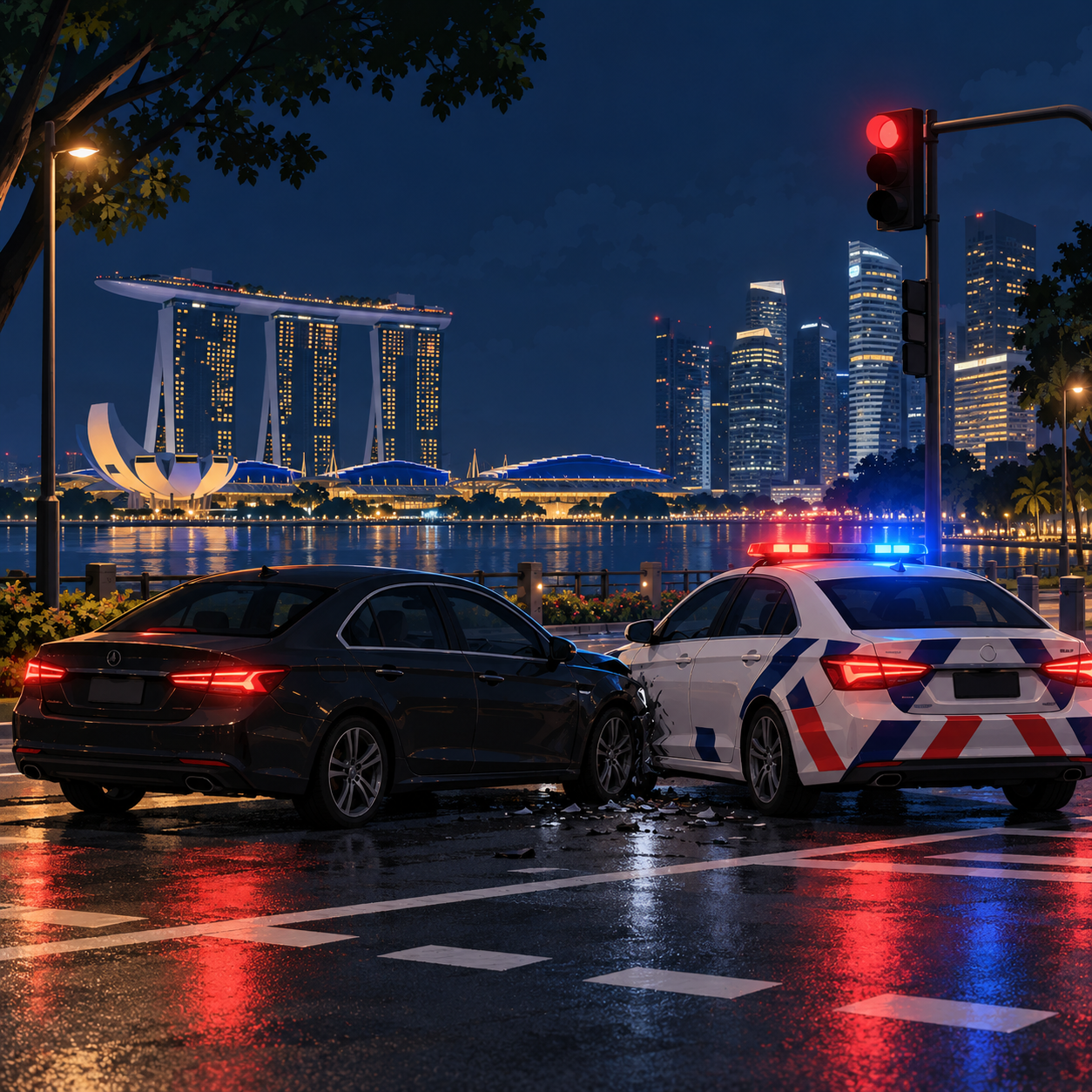 滨海湾凌晨发生追逐：无照驾驶者撞警车、闯红灯后被控