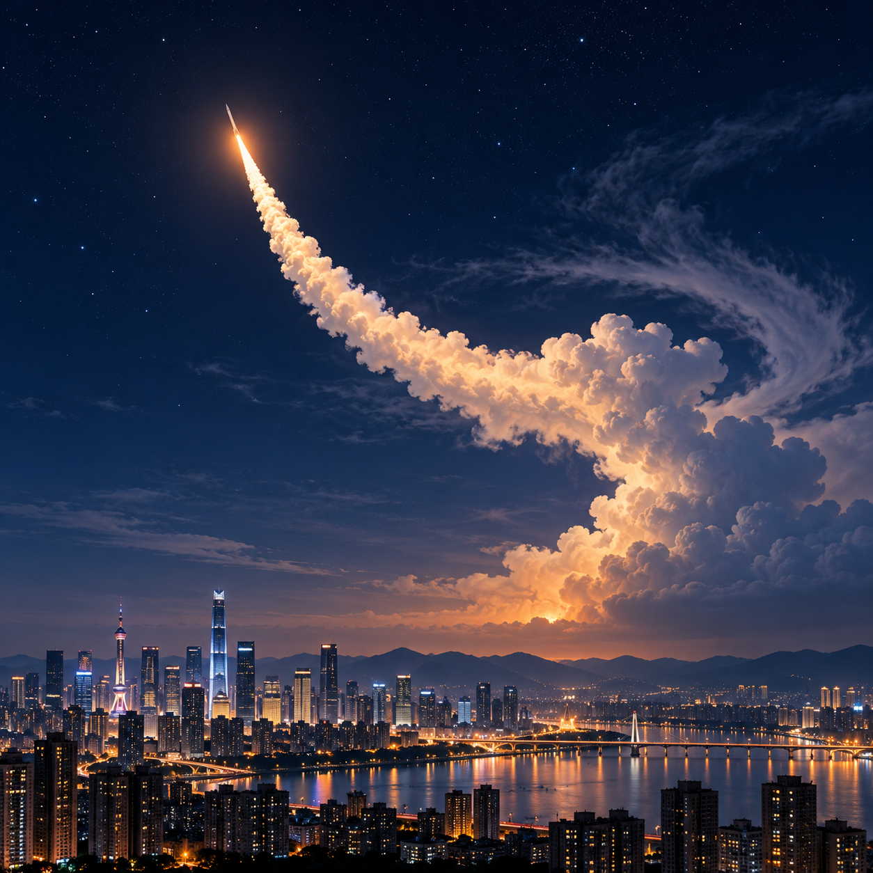 中国夜空出现“火箭云”