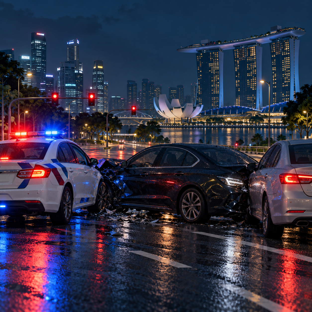 滨海湾一司机疑逃避警方追查撞上两车，面临六项控状
